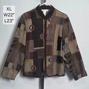Dressbarn Jacket Size XL Brown Tapestry Geometric Zip Up Blazer Art Teacher Boho